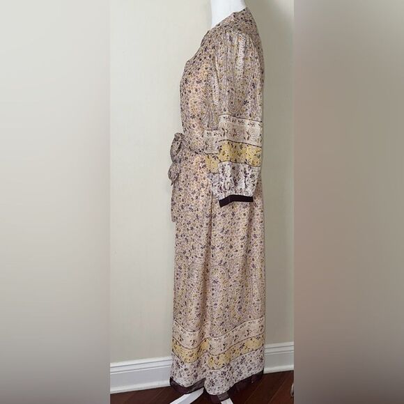 Ann Taylor XL Beige Plum Gold Lurex Paisley Floral Border Balloon Sleeve Dress - Picture 6 of 16